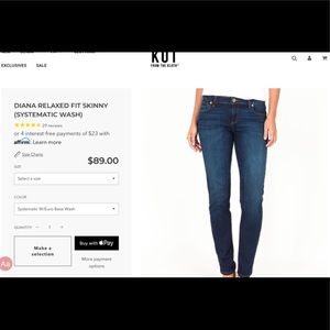 Kut from the Kloth Diana skinny Jean size 10